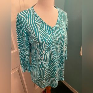 Lightweight Linen & Cotton Turquoise Green & White Design Top